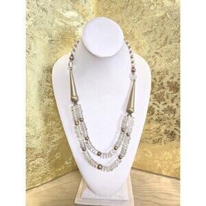Vintage 12" Mid-Century Double Strand Glass and Brushed Gold Metal Necklace